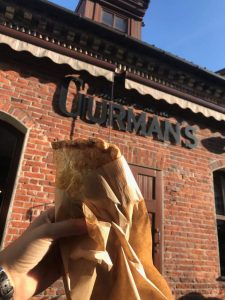 Lithuanian bun in front of restaurant